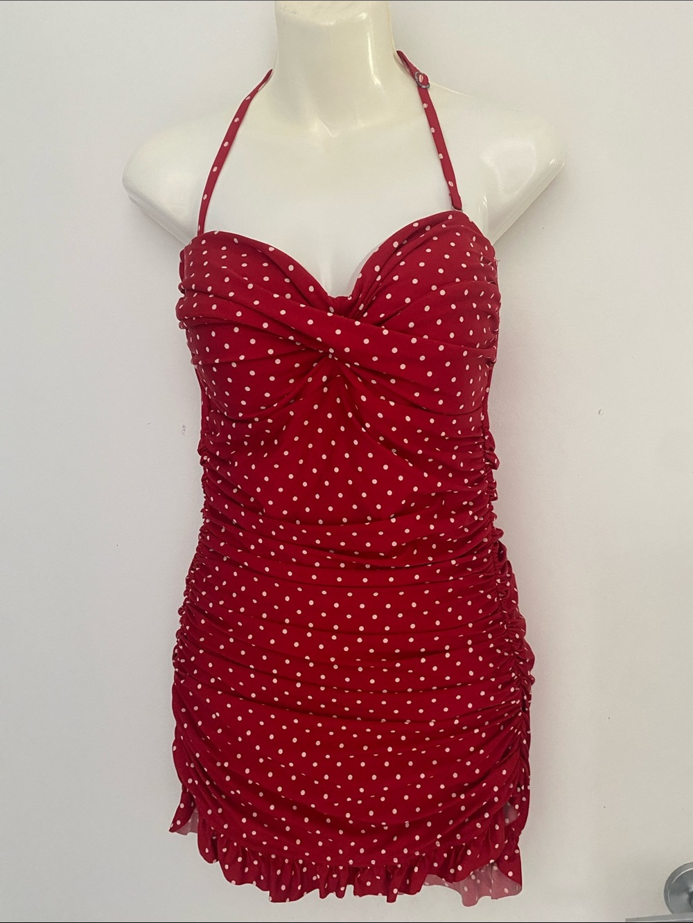 JANTEN MM inspired Red Polka Dot Ruched Halter one Piece Bathing Suit Size 14